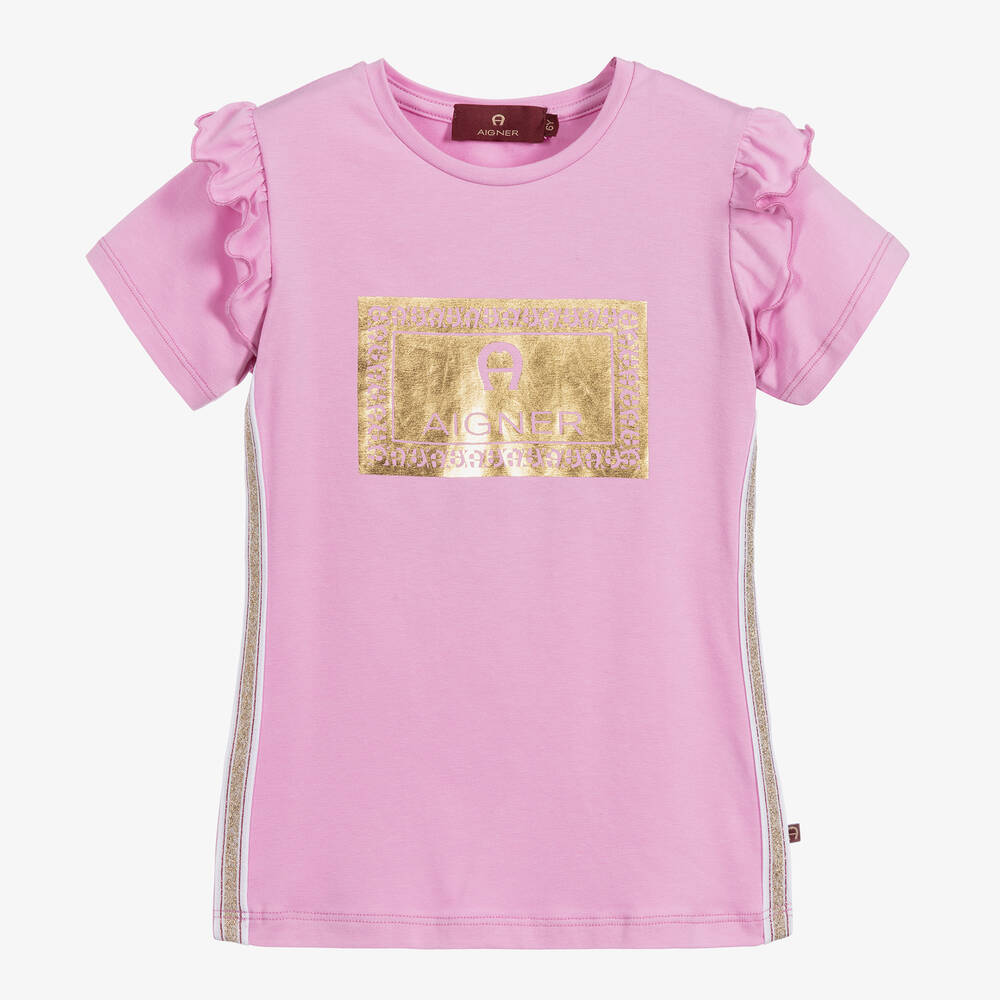 AIGNER-Girls Pink Cotton T-Shirt | Childrensalon Outlet