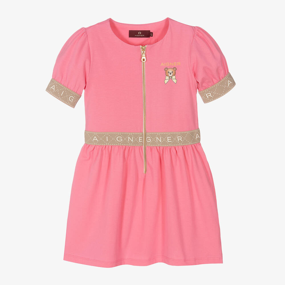 AIGNER - Girls Pink Cotton Teddy Dress | Childrensalon