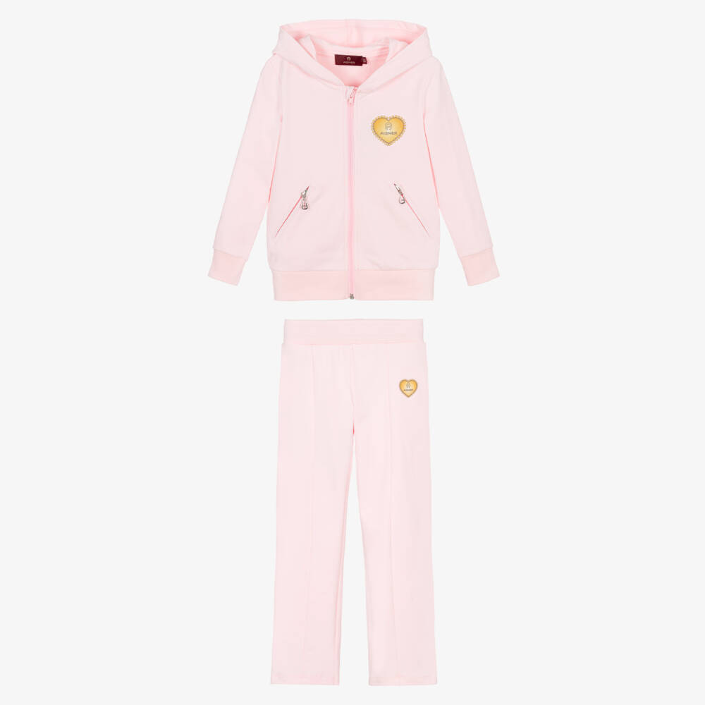 AIGNER-Girls Pink Cotton Tracksuit with Gold Heart Motif | Childrensalon Outlet