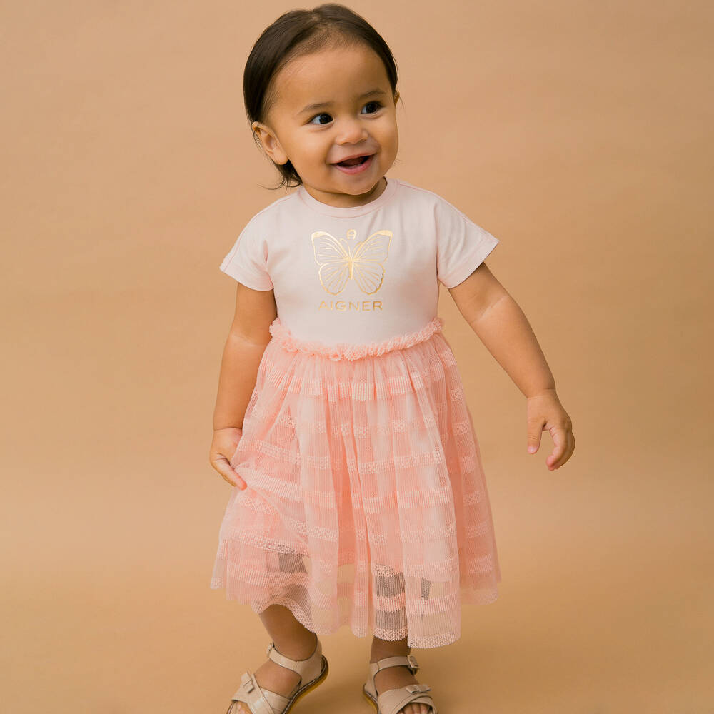 AIGNER-فستان أطفال بناتي قطن جيرسي وتول لون زهري | Childrensalon Outlet