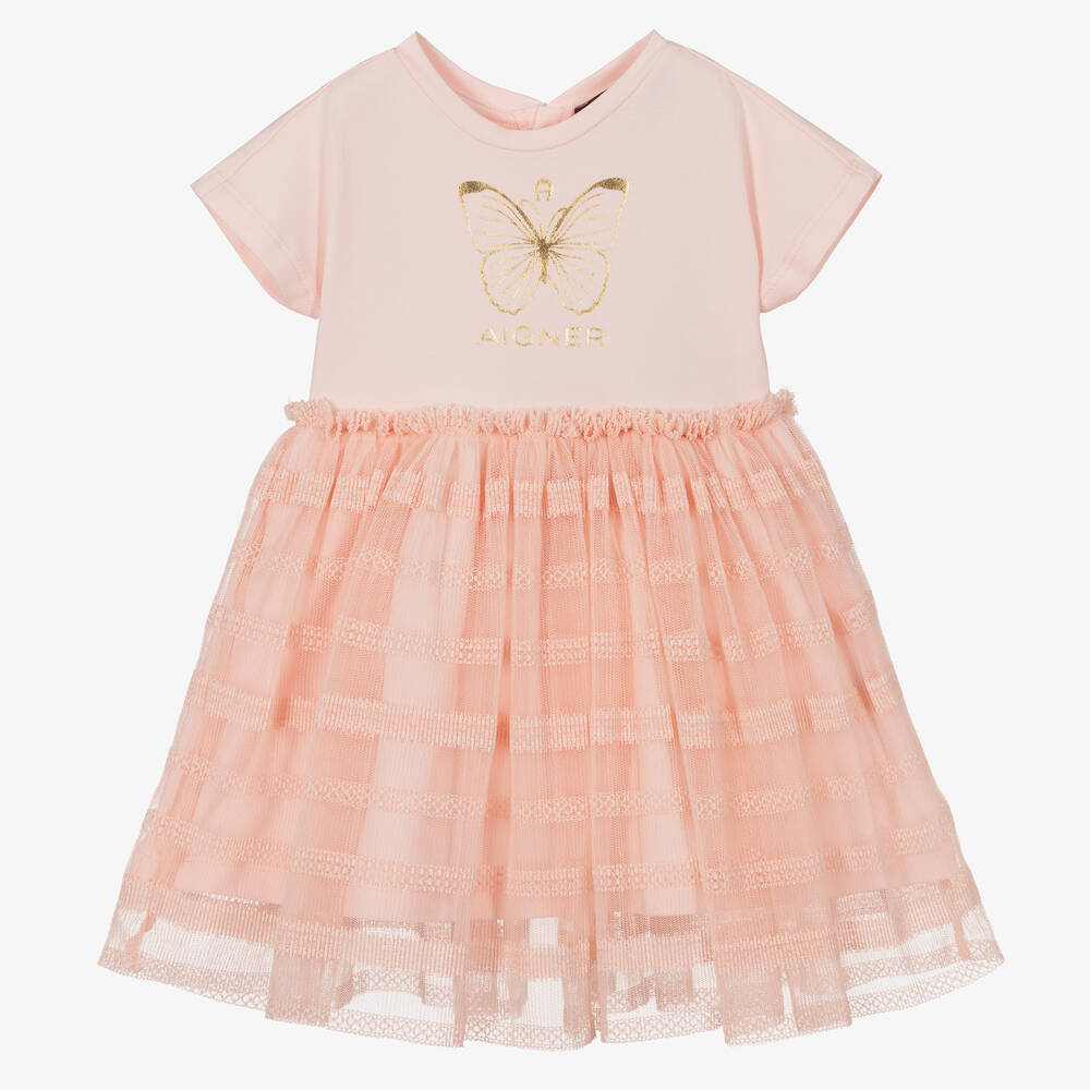 AIGNER - Girls Pink Cotton & Tulle Dress | Childrensalon