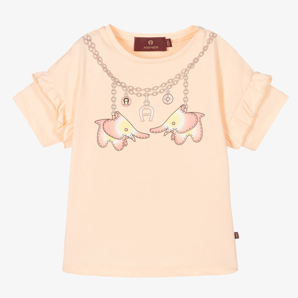 AIGNER - Girls Pink Elephant Print Logo T-Shirt | Childrensalon