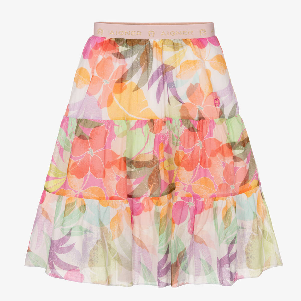 AIGNER - Girls Pink Floral Cotton Skirt | Childrensalon