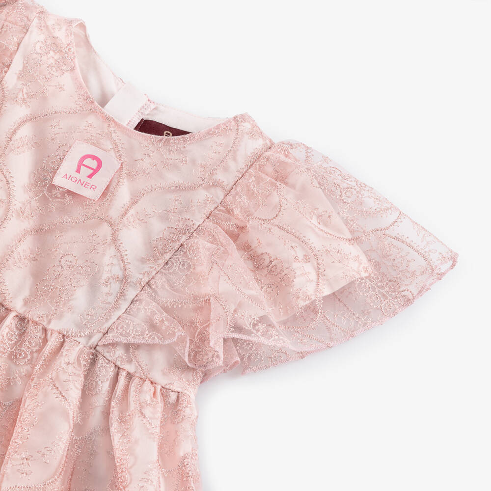 AIGNER-Girls Pink Floral Embroidered Tulle Dress | Childrensalon Outlet