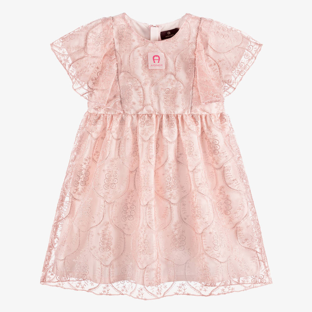 AIGNER-Girls Pink Floral Embroidered Tulle Dress | Childrensalon Outlet
