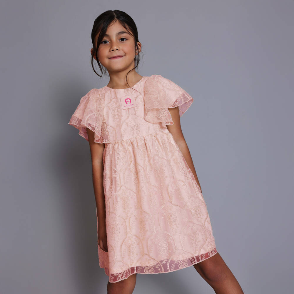 AIGNER-Girls Pink Floral Embroidered Tulle Dress | Childrensalon Outlet