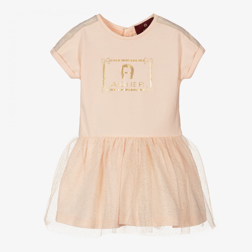 AIGNER - Girls Pink & Gold Logo Dress | Childrensalon
