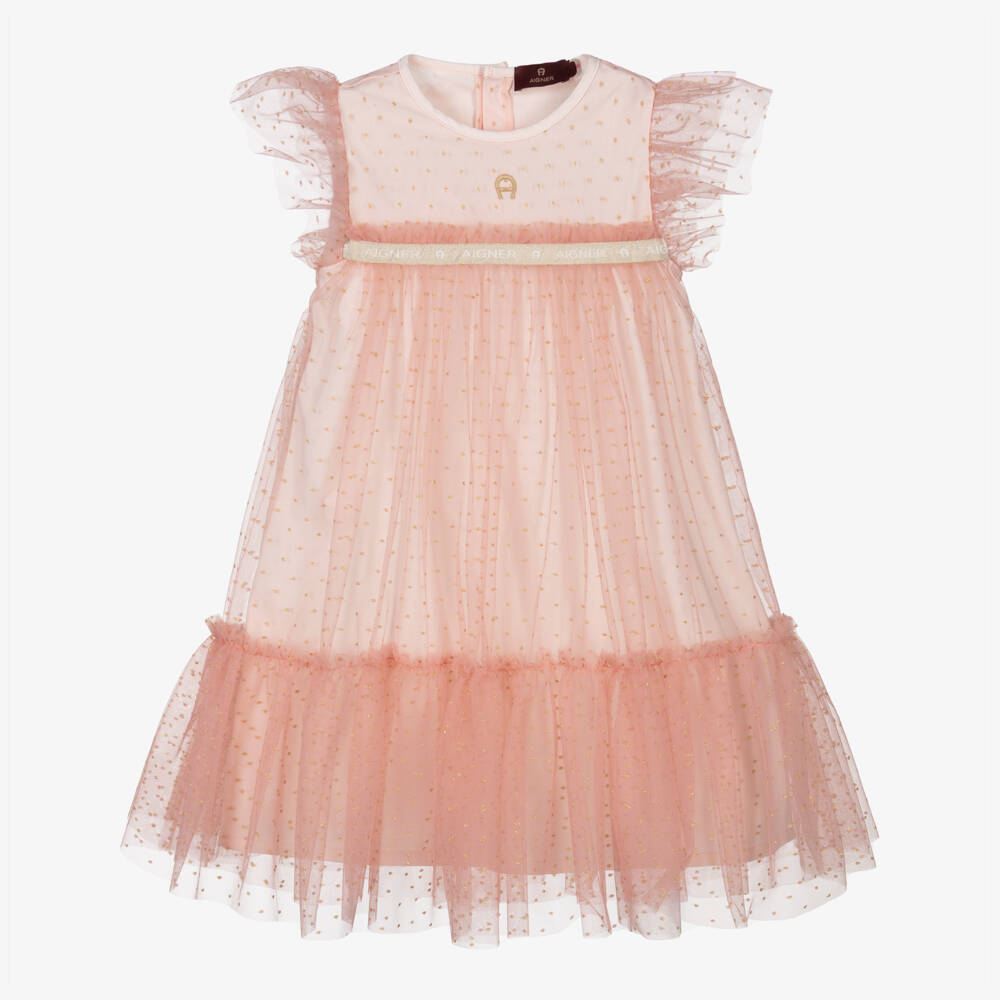 AIGNER-Girls Pink & Gold Tulle Dress with Ruffles | Childrensalon Outlet