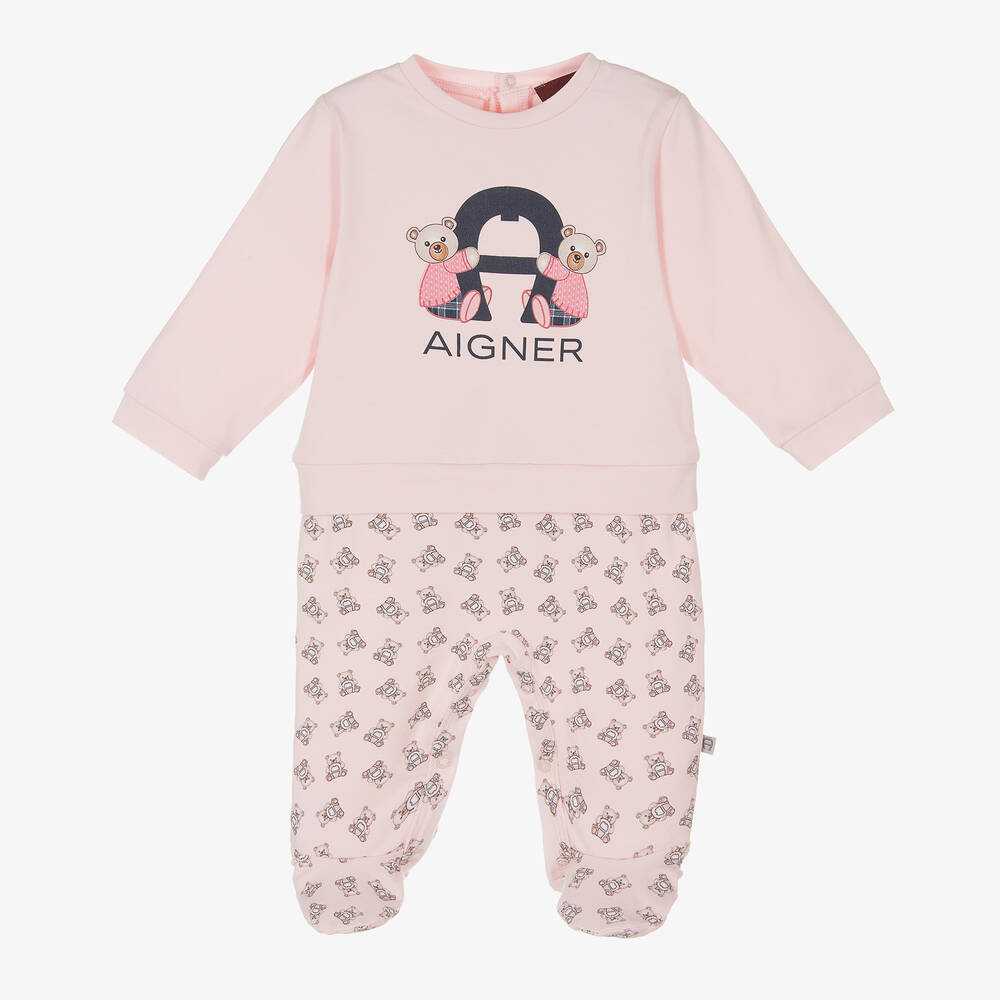 AIGNER - Girls Pink Pima Cotton Babygrow | Childrensalon