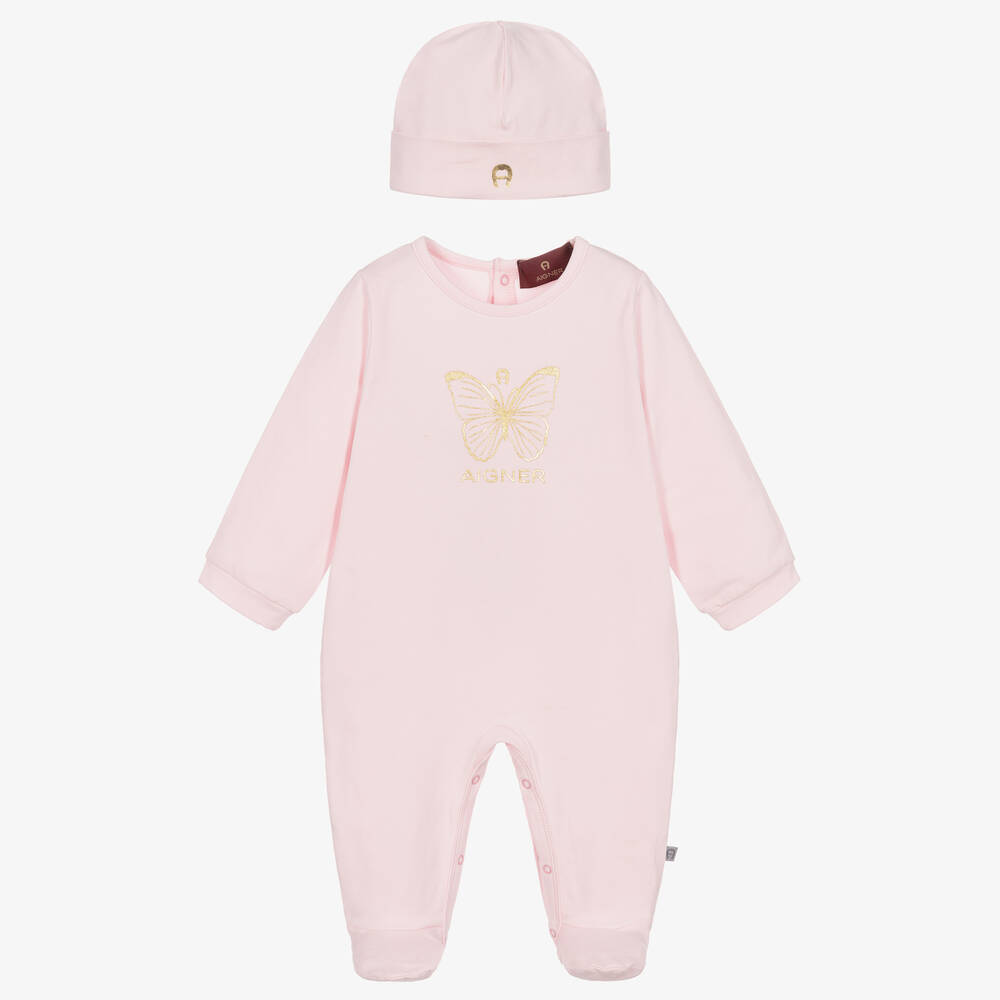 AIGNER - Girls Pink Pima Cotton Babysuit Set | Childrensalon