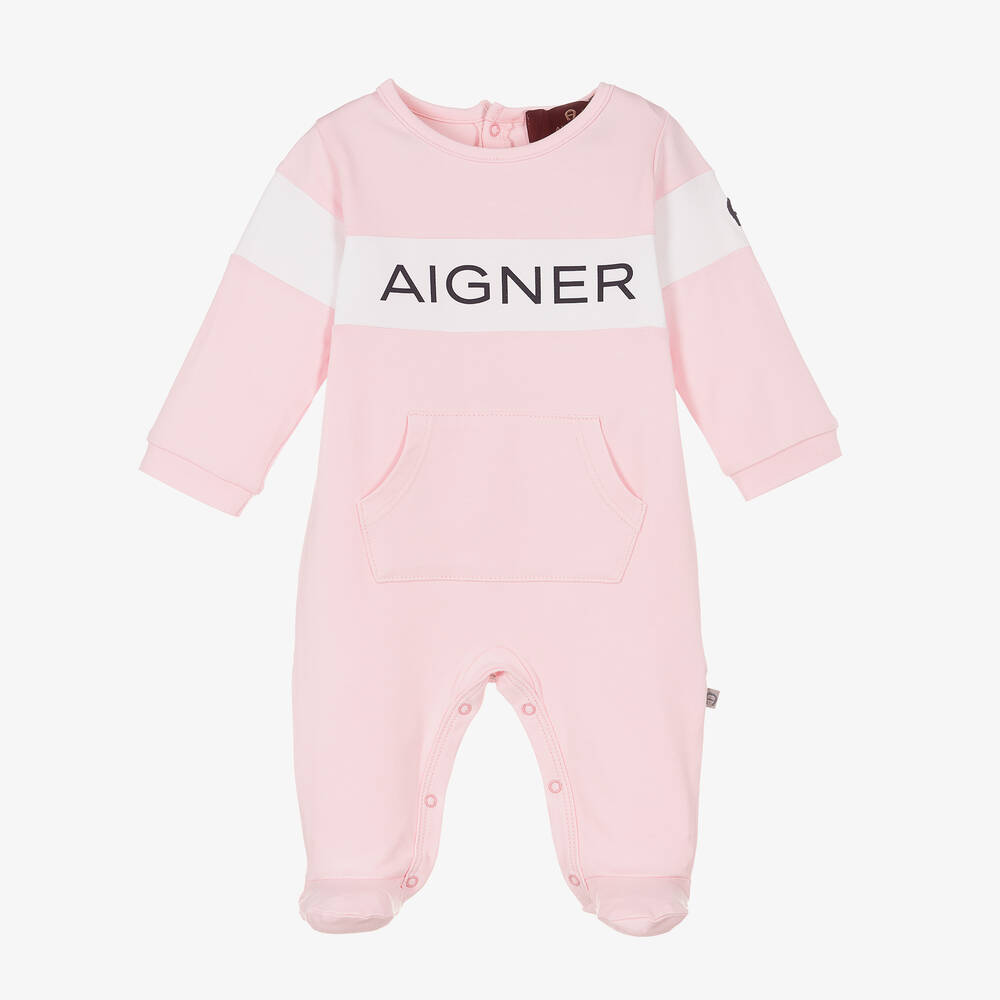 AIGNER - Girls Pink Pima Cotton Logo Babygrow | Childrensalon