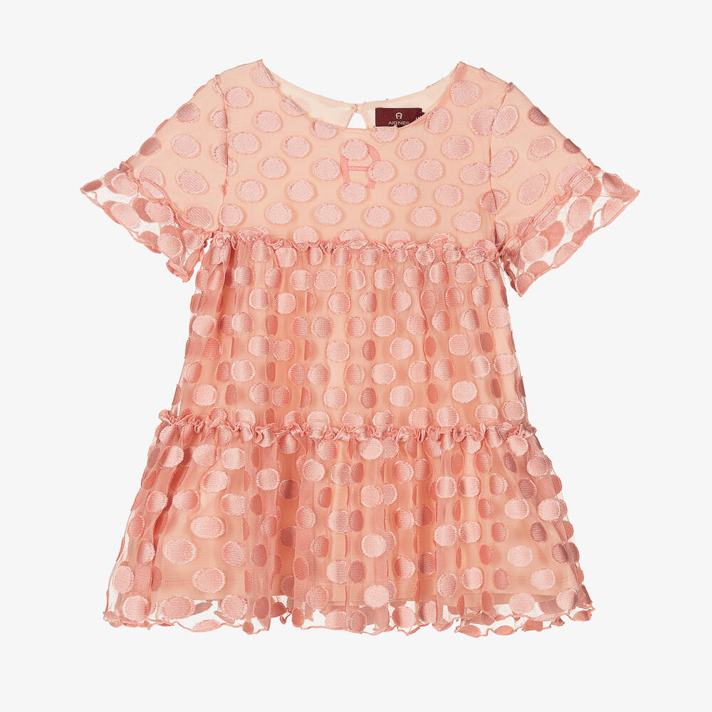 AIGNER - Girls Pink Polka Dot Tulle Dress | Childrensalon