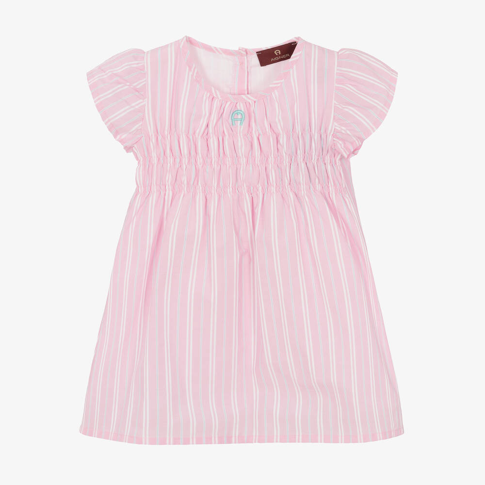 AIGNER - Robe rose rayée en popeline fille | Childrensalon