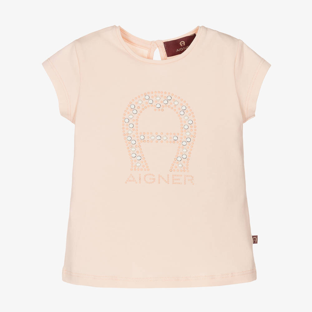 AIGNER - Girls Pink Stud Logo Cotton T-Shirt | Childrensalon