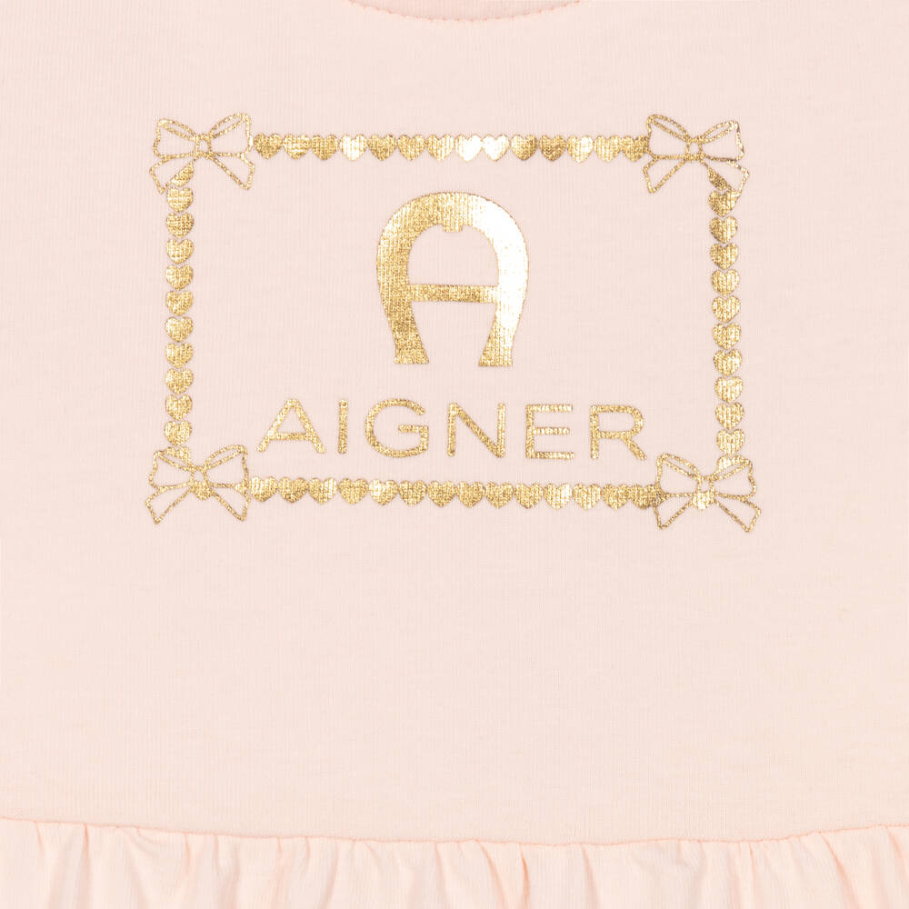 AIGNER-فستان وردي بطبقات للبنات مع شعار | Childrensalon Outlet