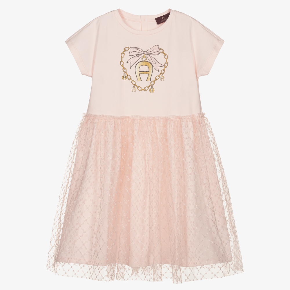 AIGNER - Girls Pink Tulle Logo Dress | Childrensalon