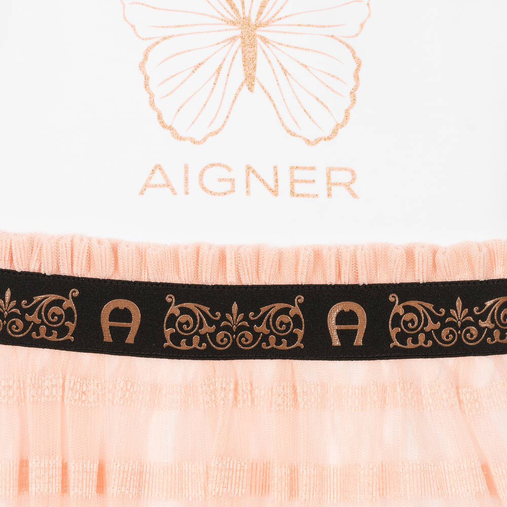 AIGNER-Girls Pink & White Butterfly Dress | Childrensalon Outlet