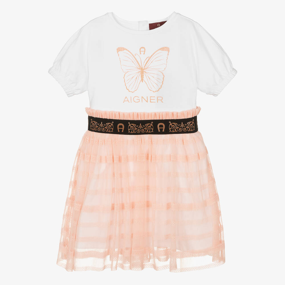 AIGNER - Girls Pink & White Butterfly Dress | Childrensalon