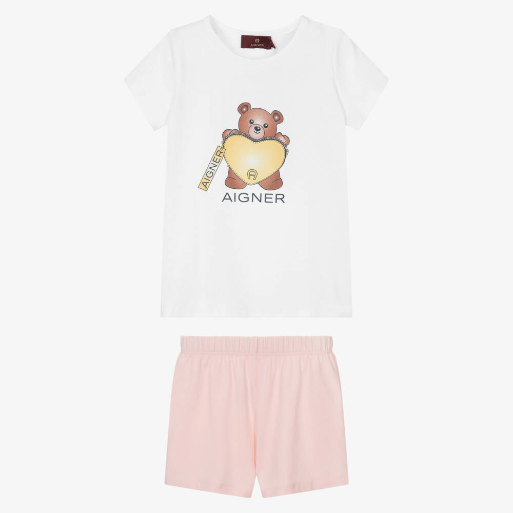 AIGNER-Girls Pink & White Cotton Bear Short Pyjamas | Childrensalon Outlet