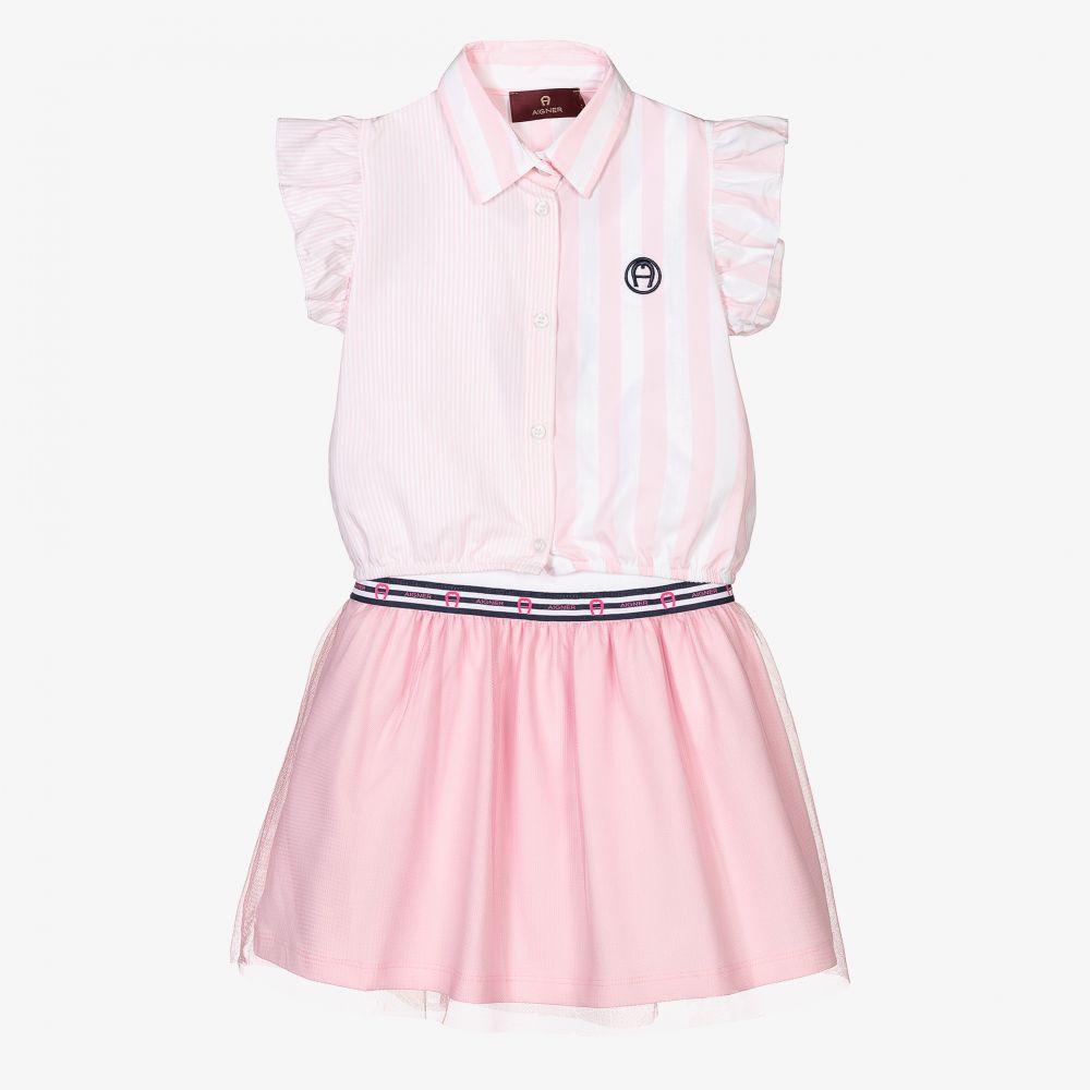 AIGNER - طقم فستان قطن لون زهري وأبيض | Childrensalon