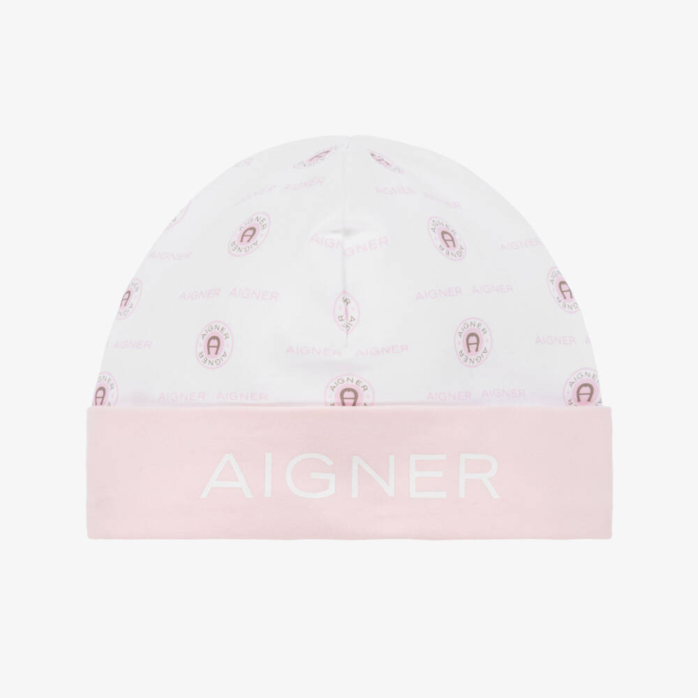 AIGNER-Girls Pink & White Pima Cotton Baby Hat | Childrensalon Outlet
