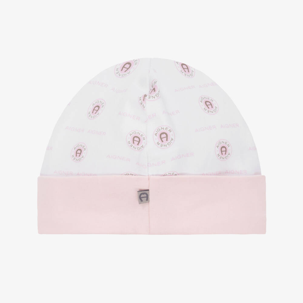 AIGNER-Girls Pink & White Pima Cotton Baby Hat | Childrensalon Outlet
