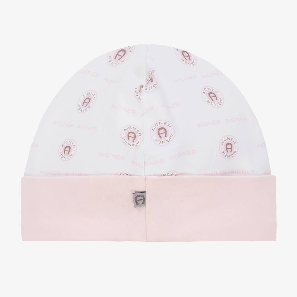 AIGNER-Girls Pink & White Pima Cotton Baby Hat | Childrensalon Outlet