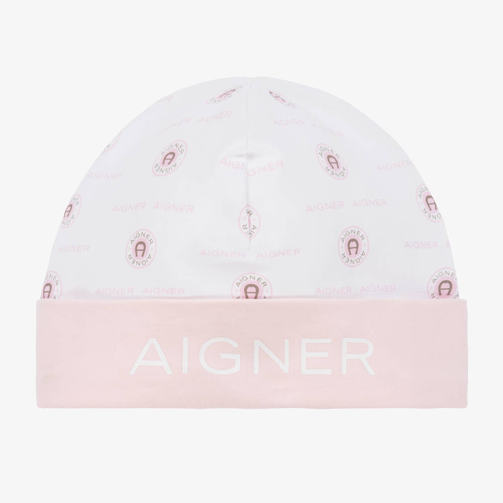 AIGNER - Girls Pink & White Pima Cotton Baby Hat | Childrensalon
