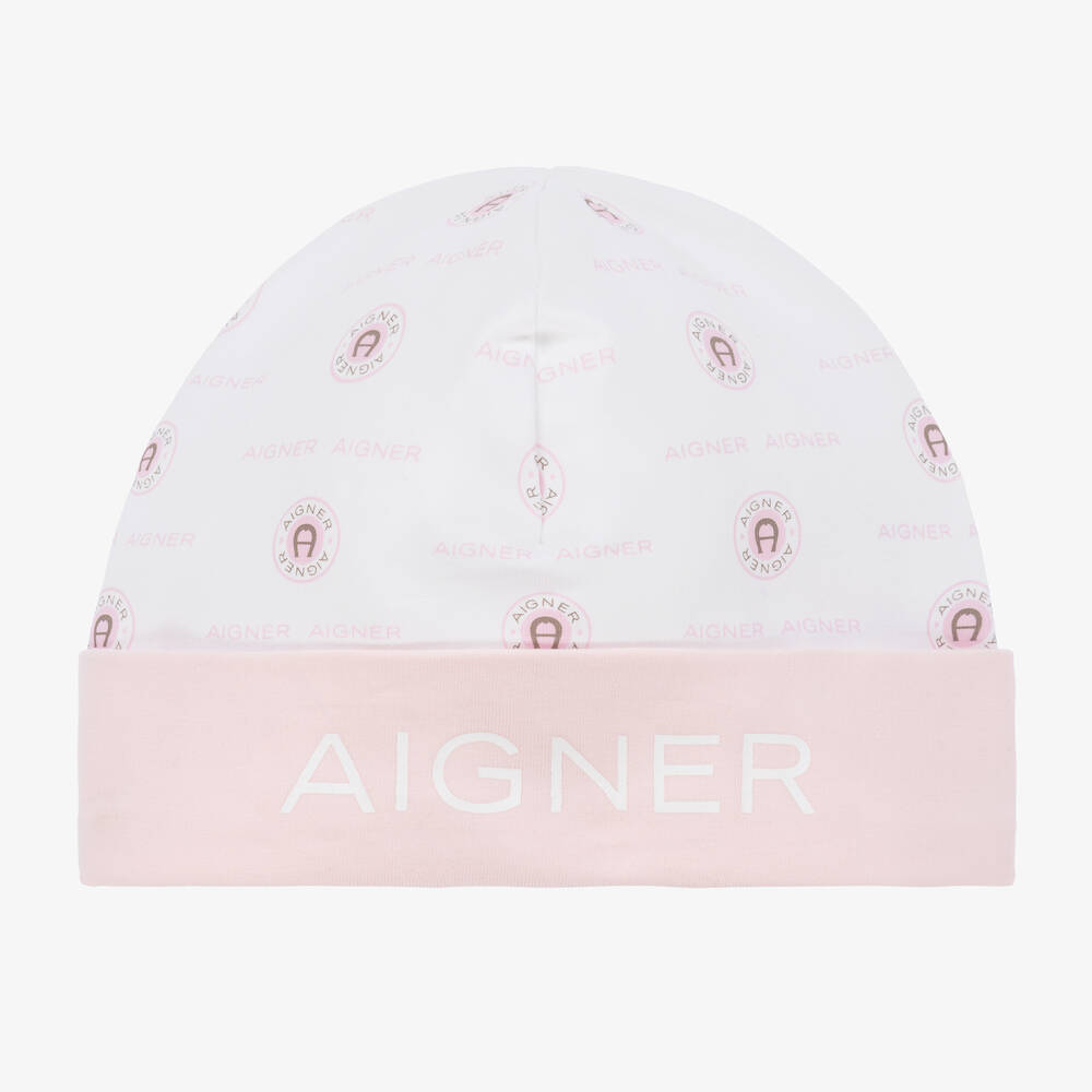 AIGNER-Girls Pink & White Pima Cotton Baby Hat | Childrensalon Outlet
