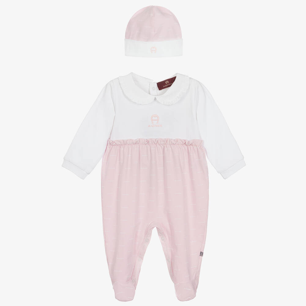 AIGNER - Girls Pink & White Pima Cotton Babygrow Gift Set | Childrensalon