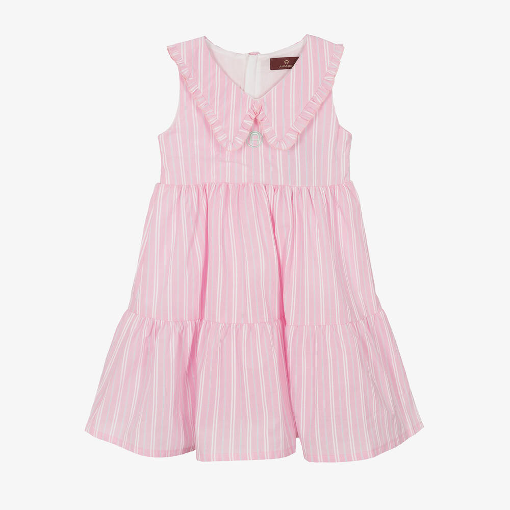 AIGNER - Girls Pink & White Striped Poplin Dress | Childrensalon