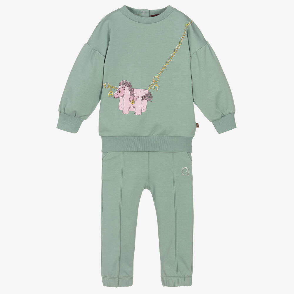 AIGNER - Girls Sage Green Cotton Tracksuit | Childrensalon