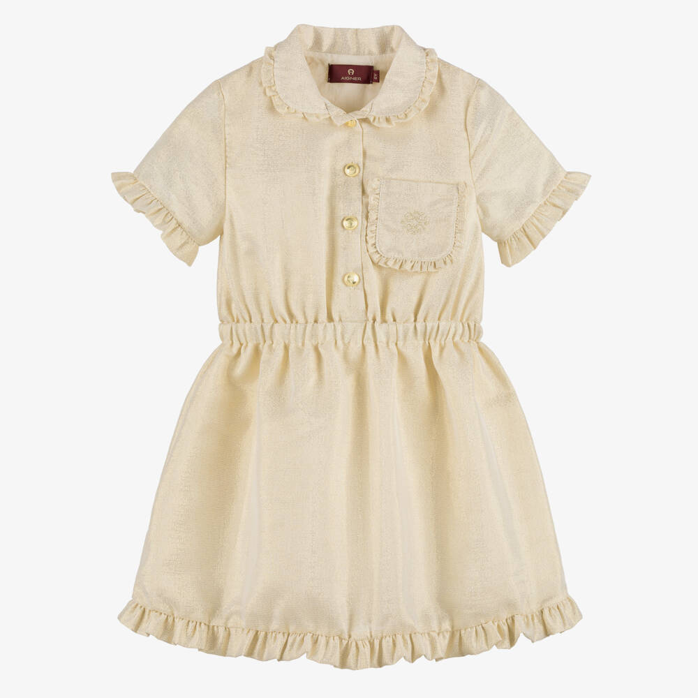AIGNER-Girls Shimmery Gold Dress with Ruffle Trims | Childrensalon Outlet