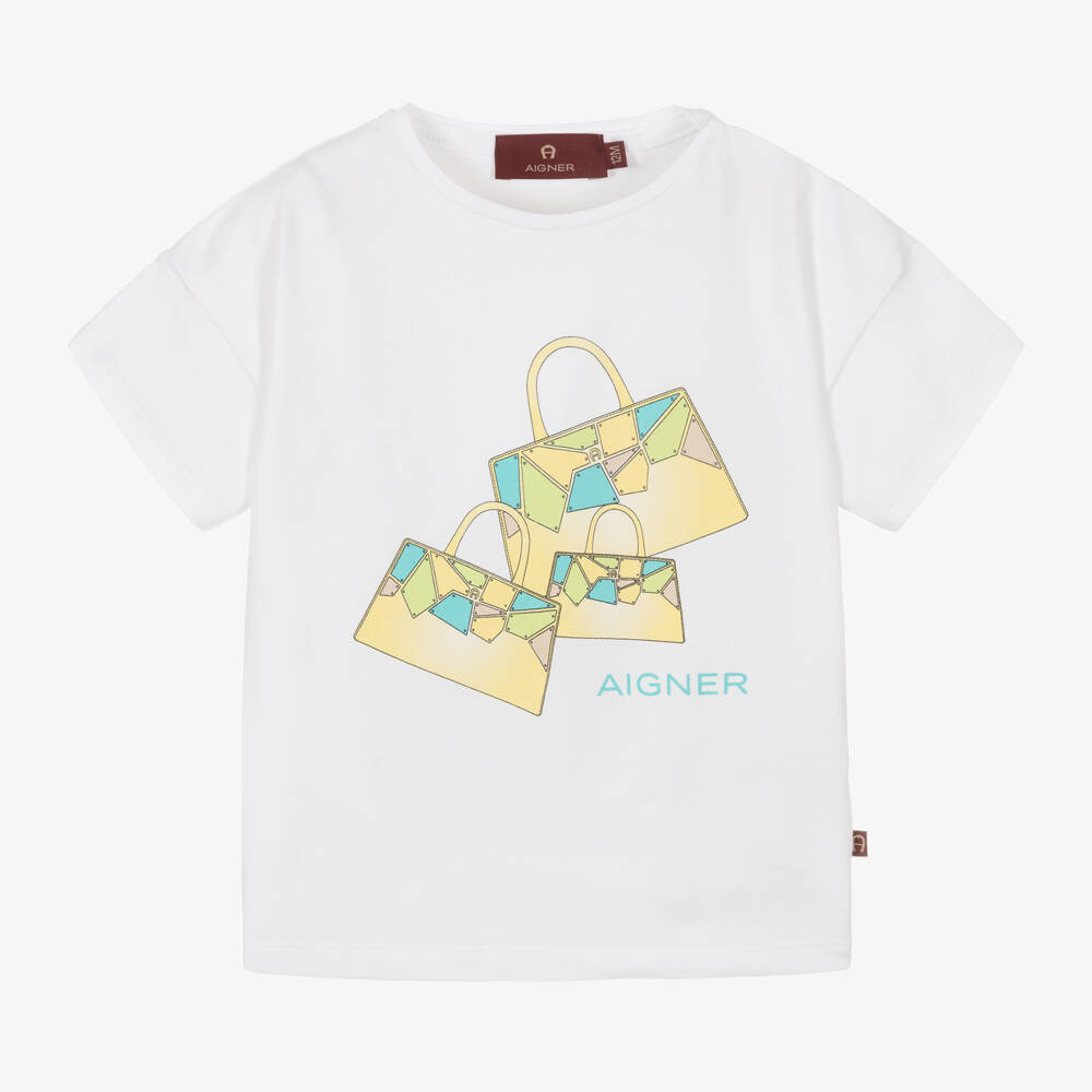 AIGNER-تيشيرت أبيض ناعم للبنات بطبعة حقيبة | Childrensalon Outlet