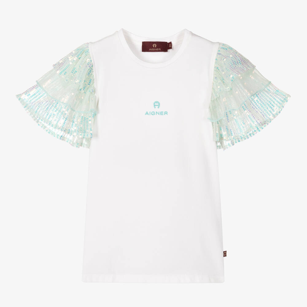 AIGNER - Girls White Cotton & Blue Sequin T-Shirt | Childrensalon