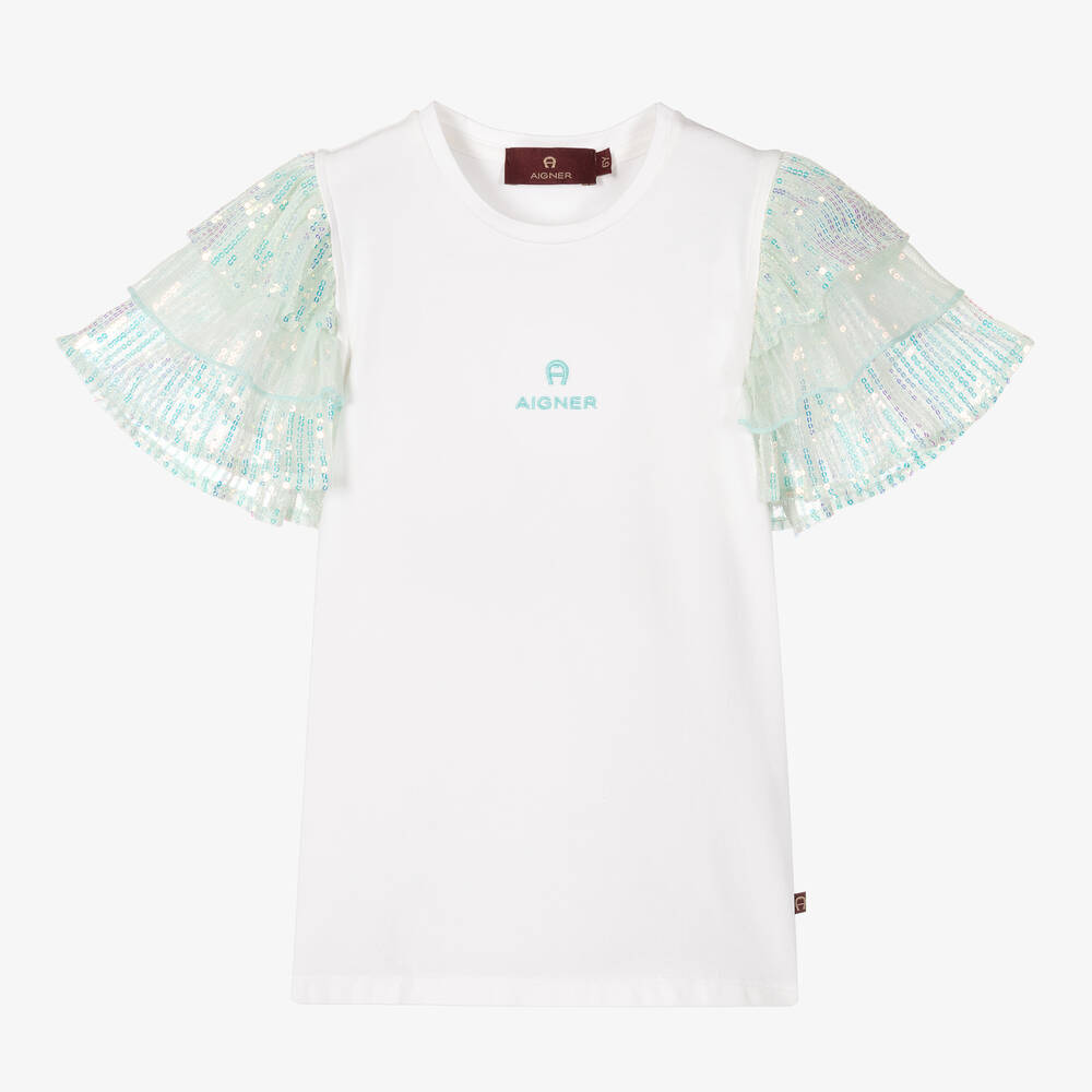 AIGNER-Girls White Cotton & Blue Sequin T-Shirt | Childrensalon Outlet