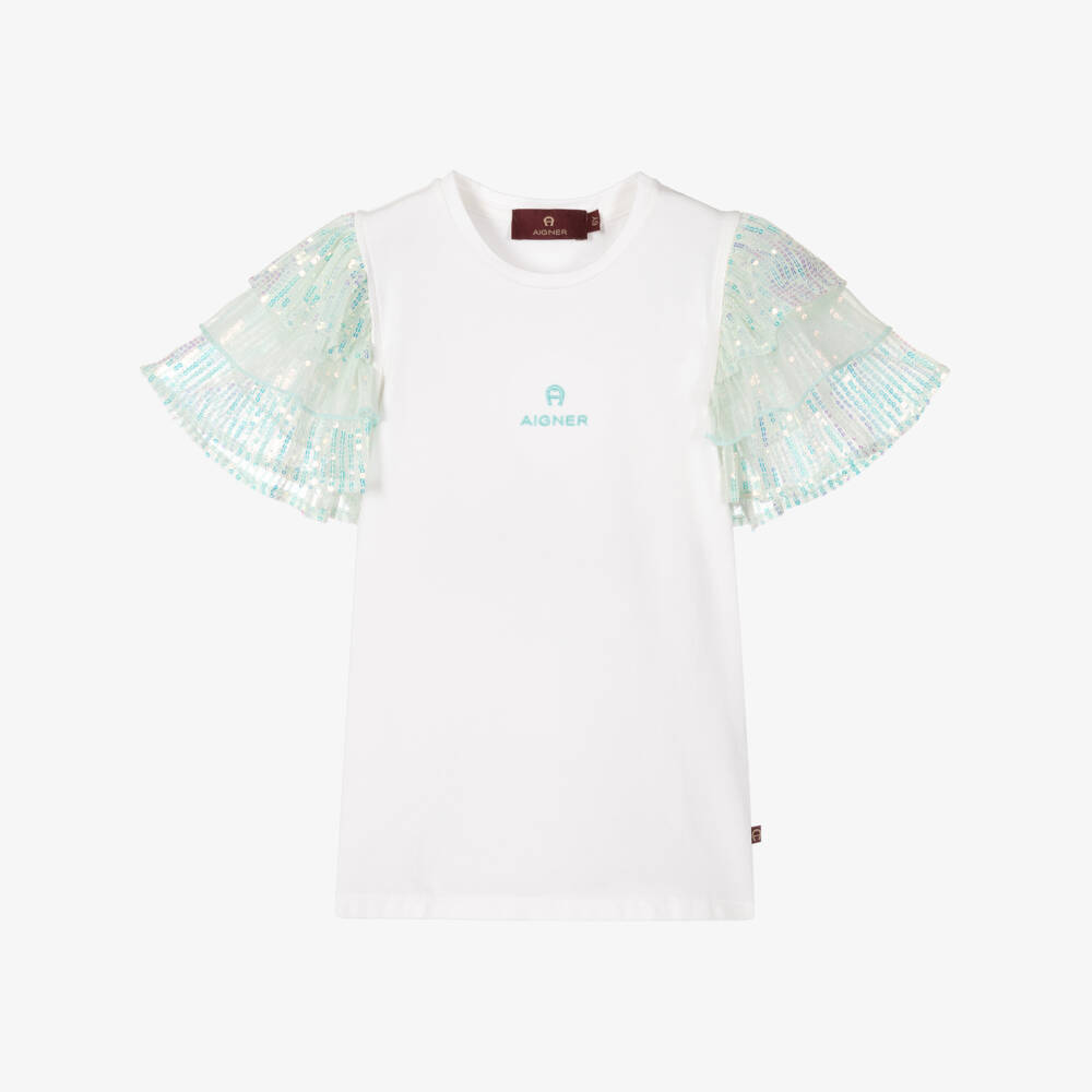AIGNER-Girls White Cotton & Blue Sequin T-Shirt | Childrensalon Outlet