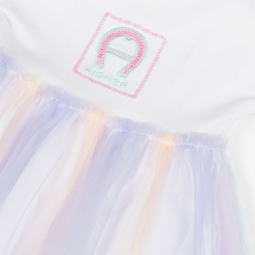 AIGNER-Girls White Cotton Dress with Pastel Tulle Skirt | Childrensalon Outlet