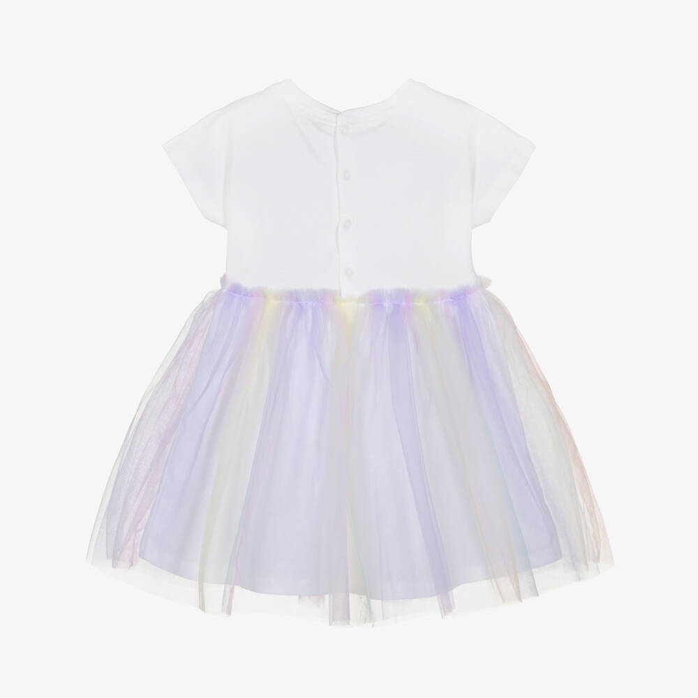 AIGNER-Girls White Cotton Dress with Pastel Tulle Skirt | Childrensalon Outlet