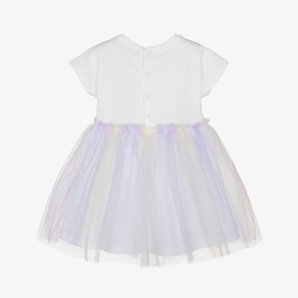 AIGNER-Girls White Cotton Dress with Pastel Tulle Skirt | Childrensalon Outlet