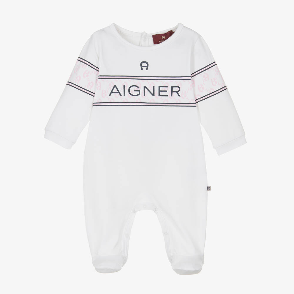 AIGNER - Girls White Cotton Logo Babygrow | Childrensalon