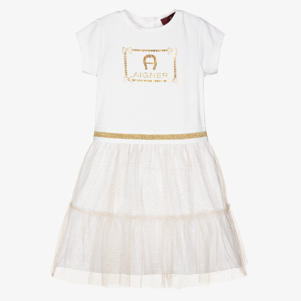 AIGNER - فستان قطن جيرسي وتول لون أبيض | Childrensalon