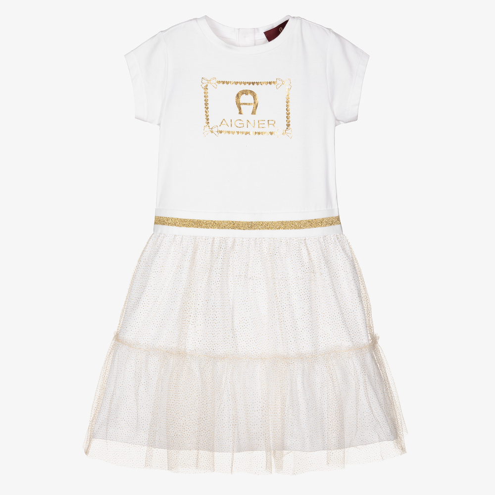 AIGNER-Girls White Cotton Logo Dress | Childrensalon Outlet