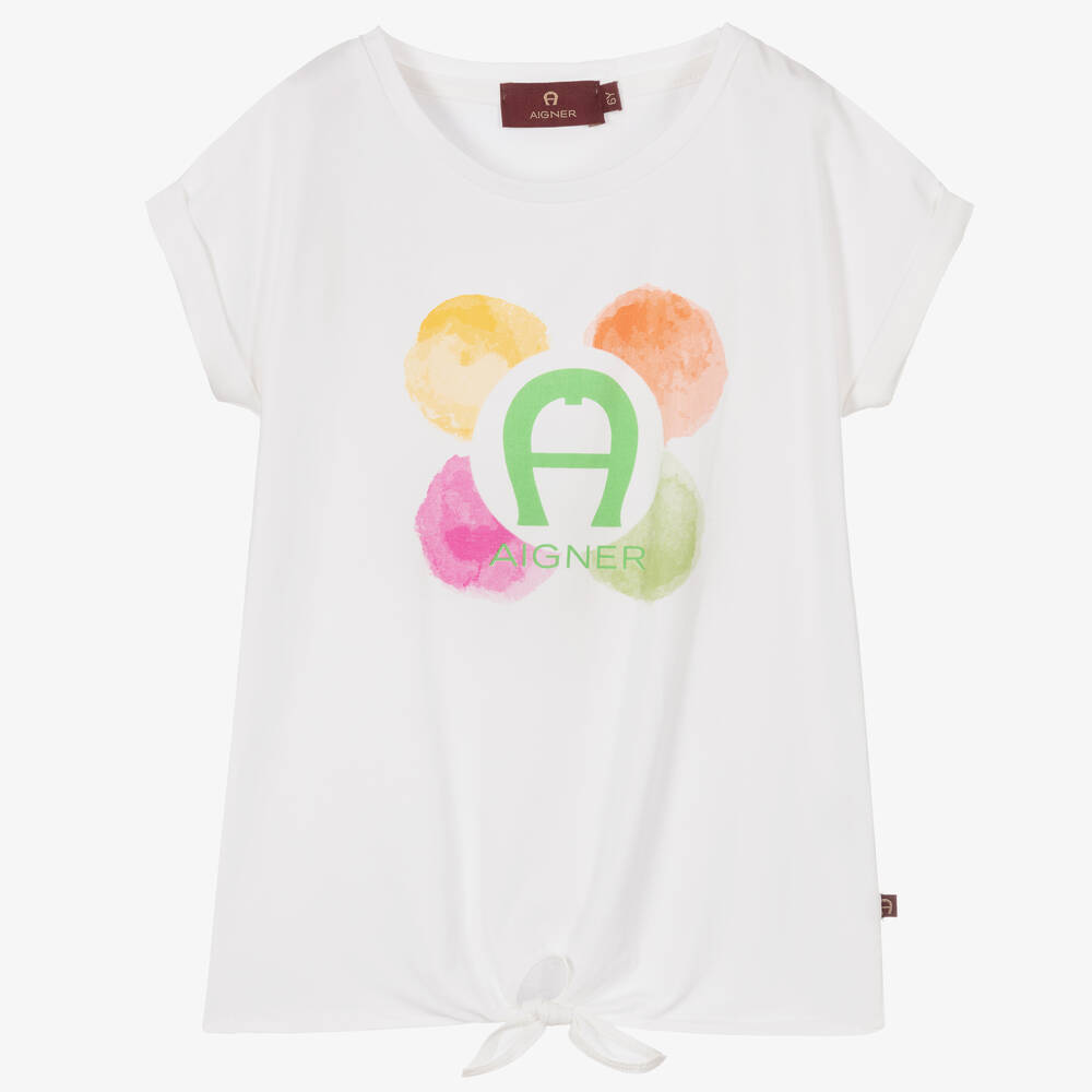 AIGNER - Girls White Cotton Logo T-Shirt | Childrensalon