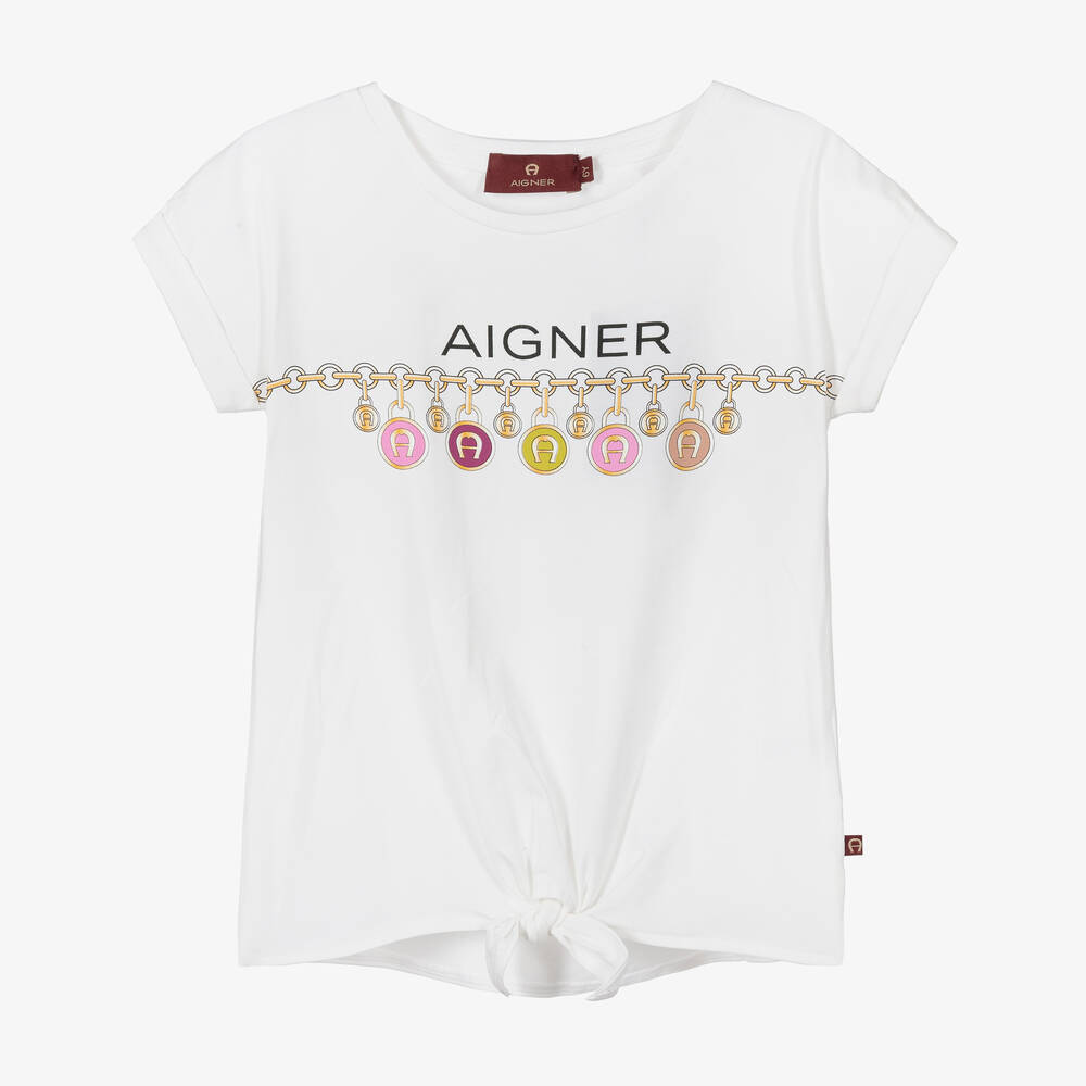 AIGNER - Girls White Cotton Logo T-Shirt | Childrensalon