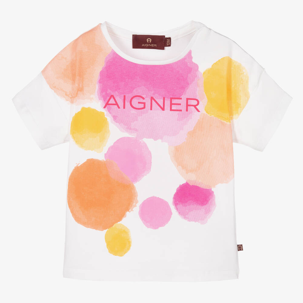 AIGNER - Girls White Cotton Logo T-Shirt | Childrensalon