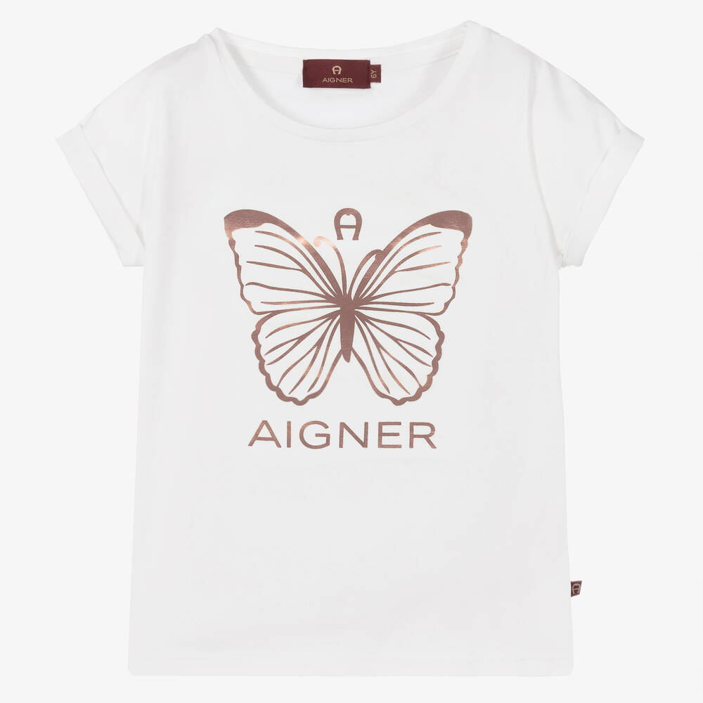 AIGNER - تيشيرت قطن جيرسي لون أبيض للبنات | Childrensalon