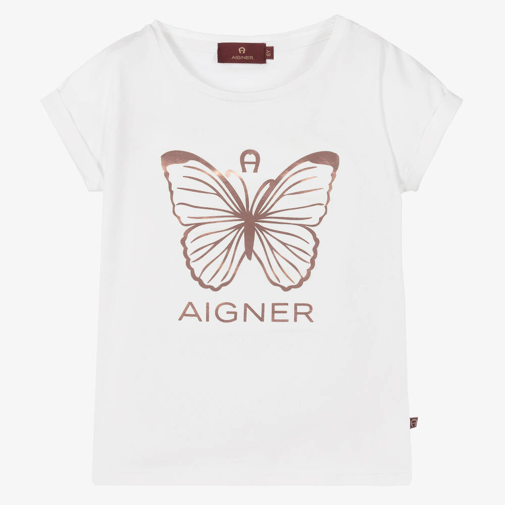 AIGNER - Girls White Cotton Logo T-Shirt | Childrensalon