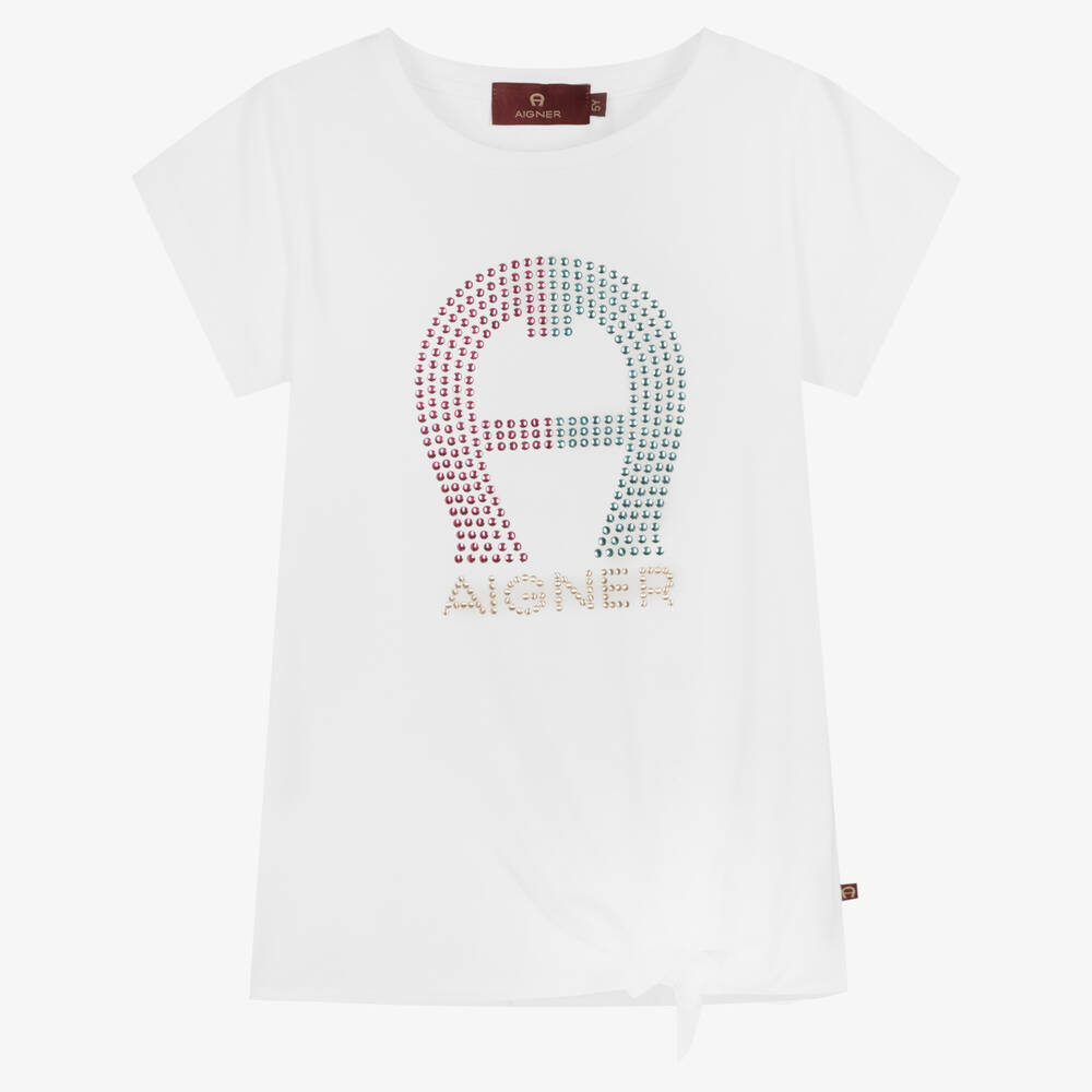 AIGNER - Girls White Cotton Logo T-Shirt | Childrensalon