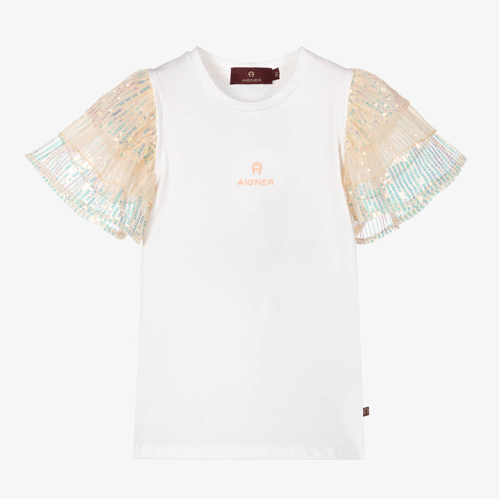 AIGNER - Girls White Cotton & Pink Sequin T-Shirt | Childrensalon